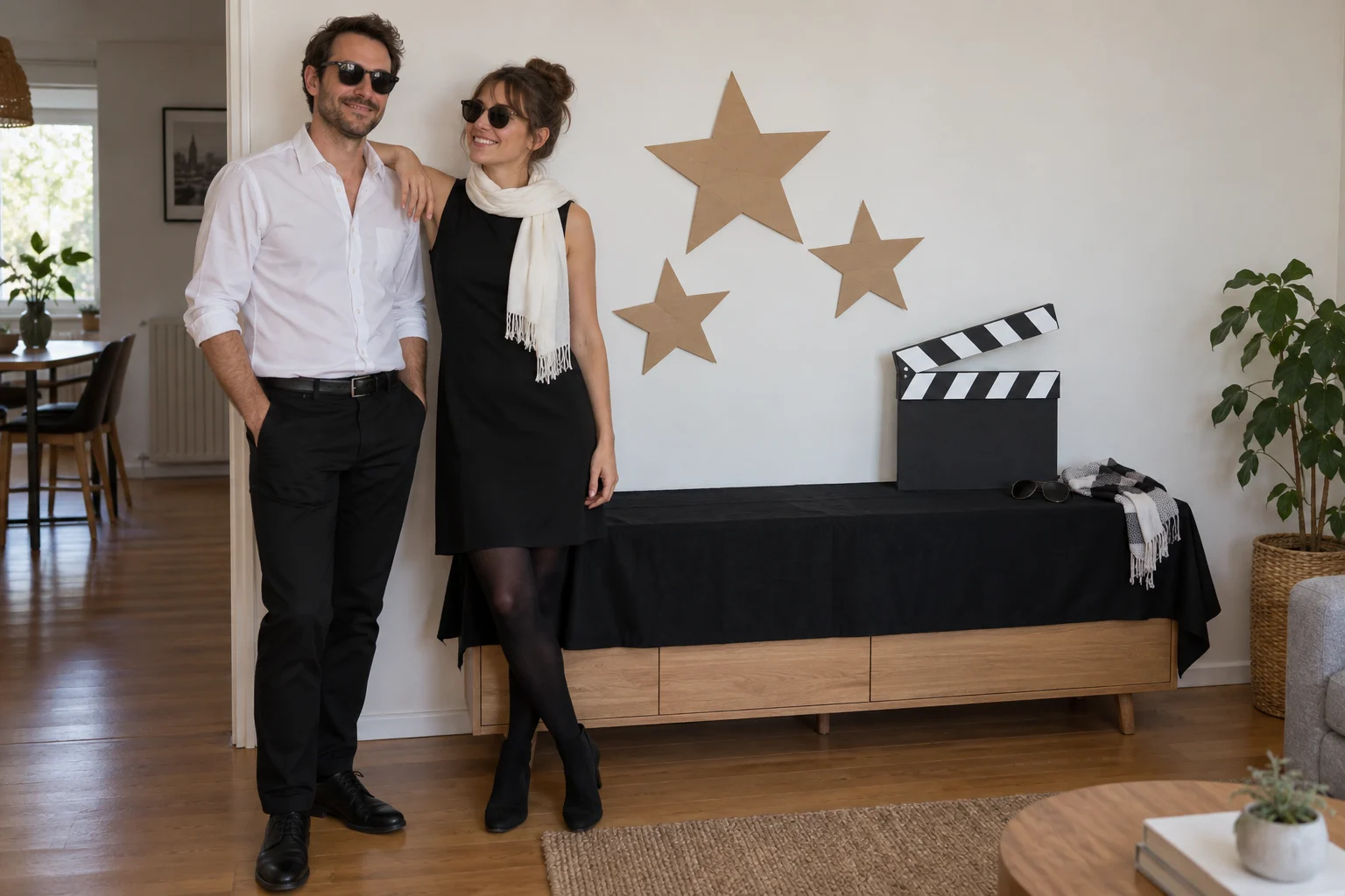 Deux adultes en noir et blanc devant trois étoiles en carton et un clap posé sur un meuble.
