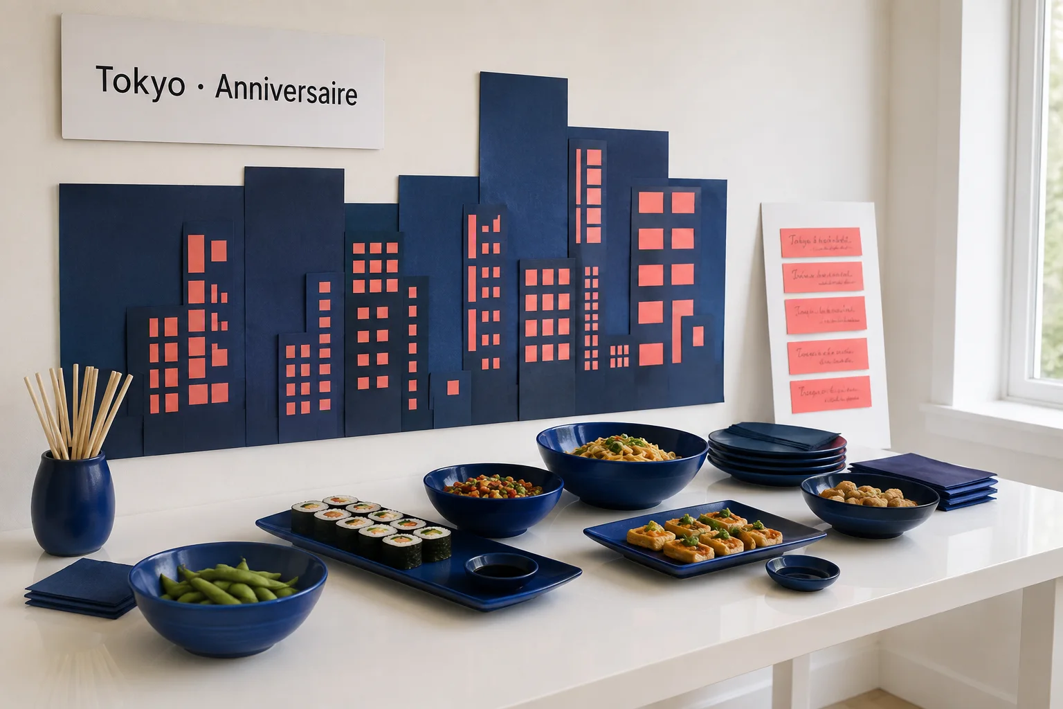Buffet d’anniversaire bleu et corail avec décor urbain en papier et panneau de messages