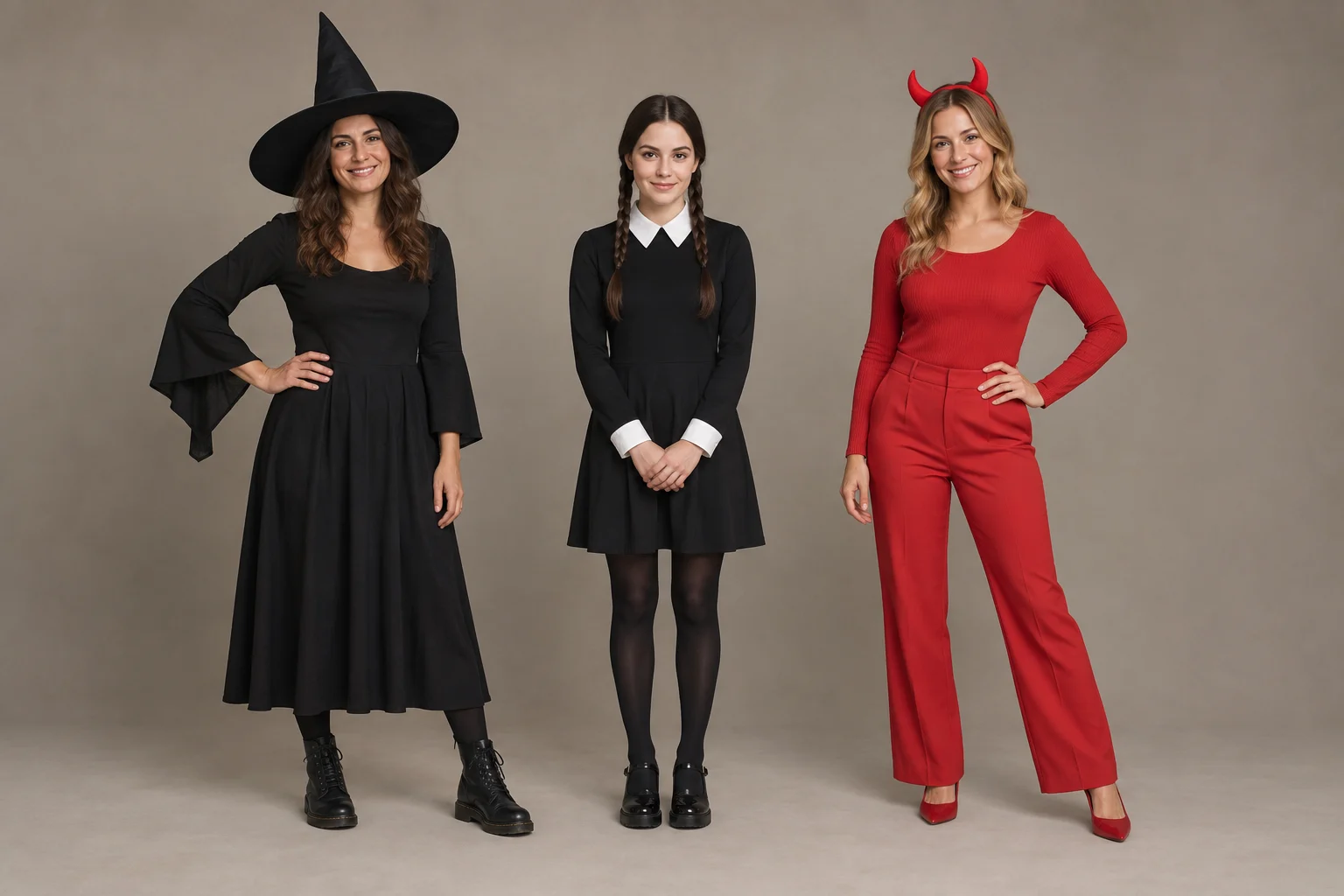 Trois tenues : sorcière au chapeau pointu, Mercredi au col blanc et diable aux cornes rouges.
