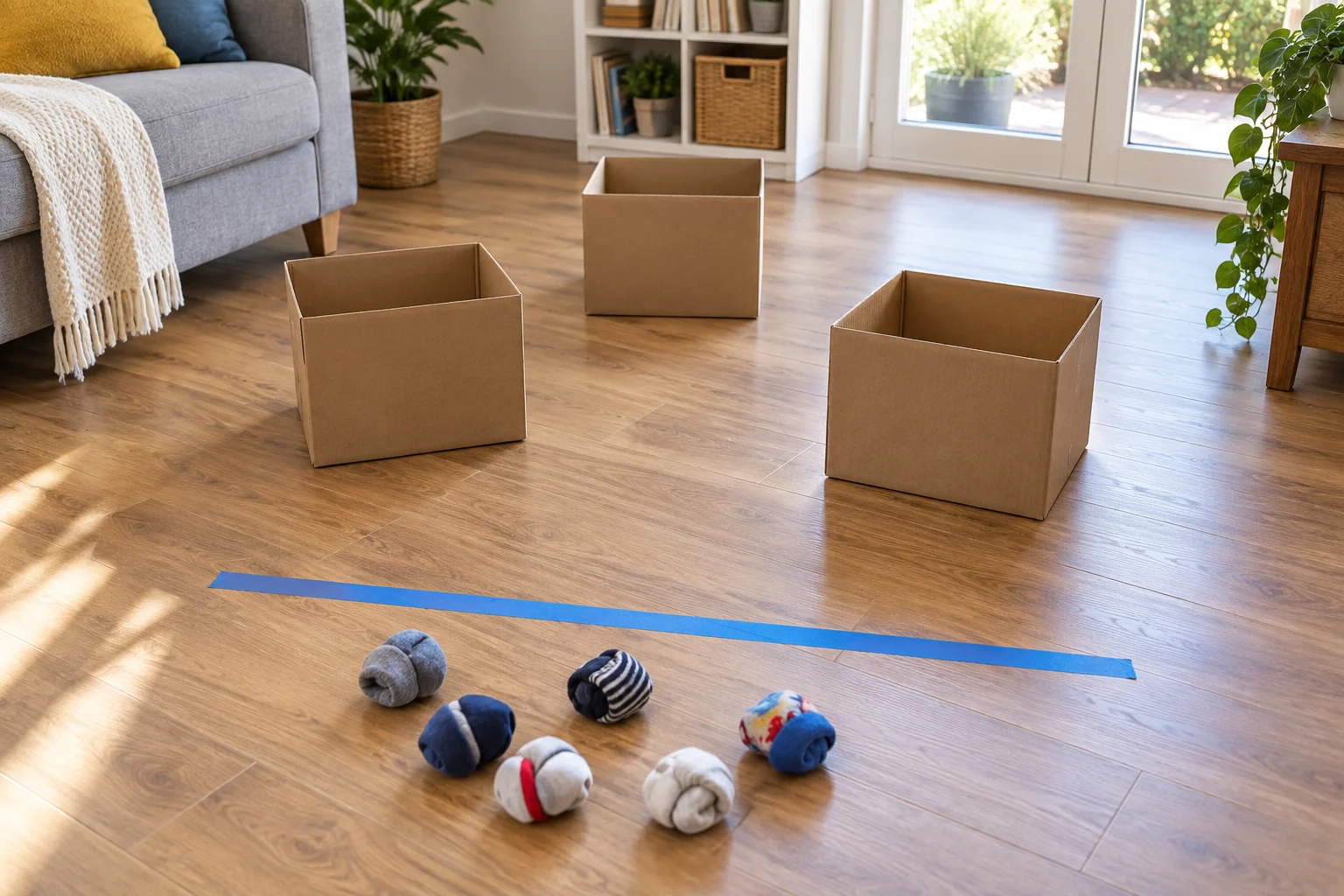 Trois cartons ouverts en triangle devant une ligne de lancer, avec des chaussettes roulées.
