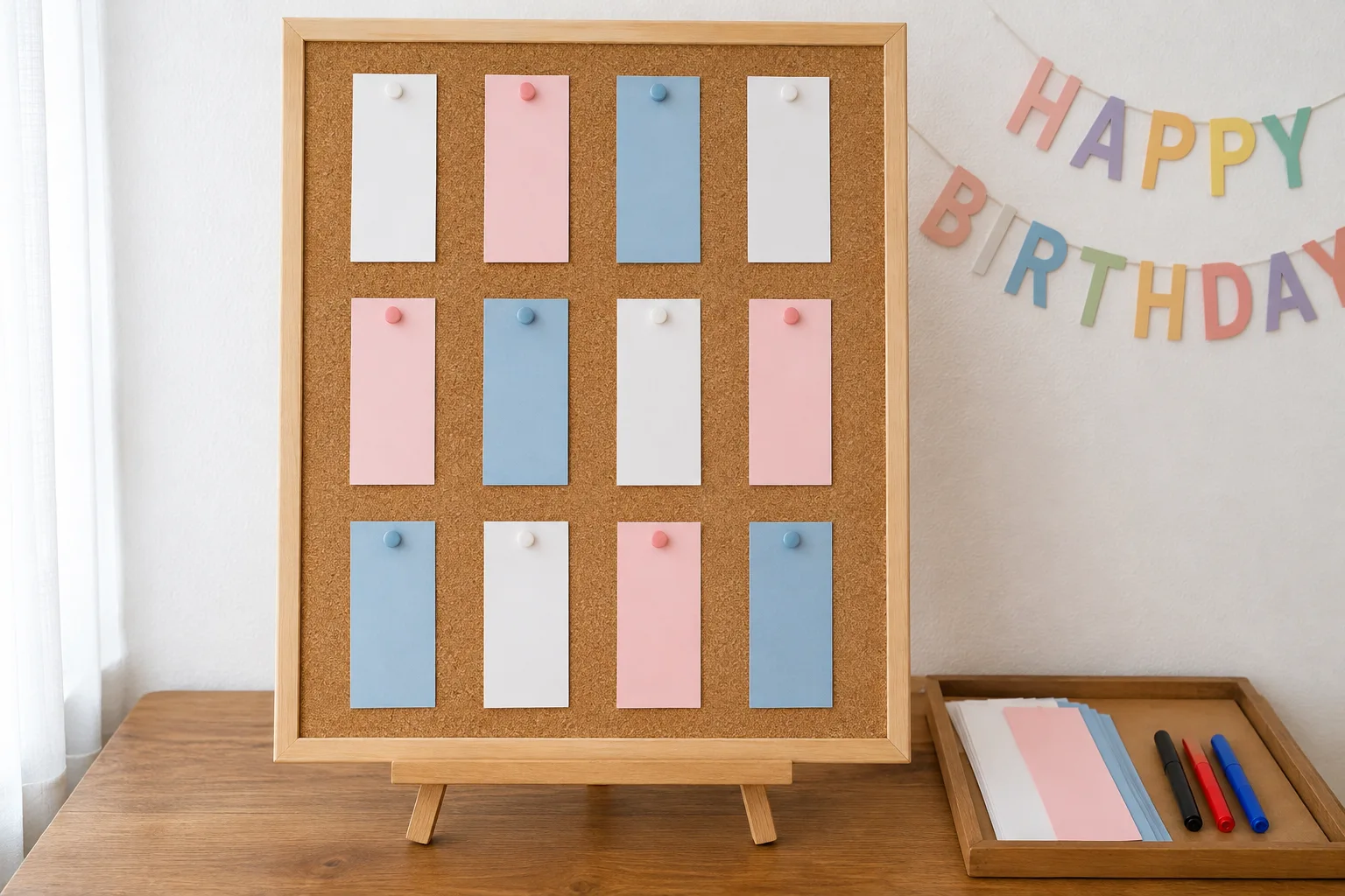 Tableau de souhaits avec trois rangées de bandes de papier et des feutres à disposition.