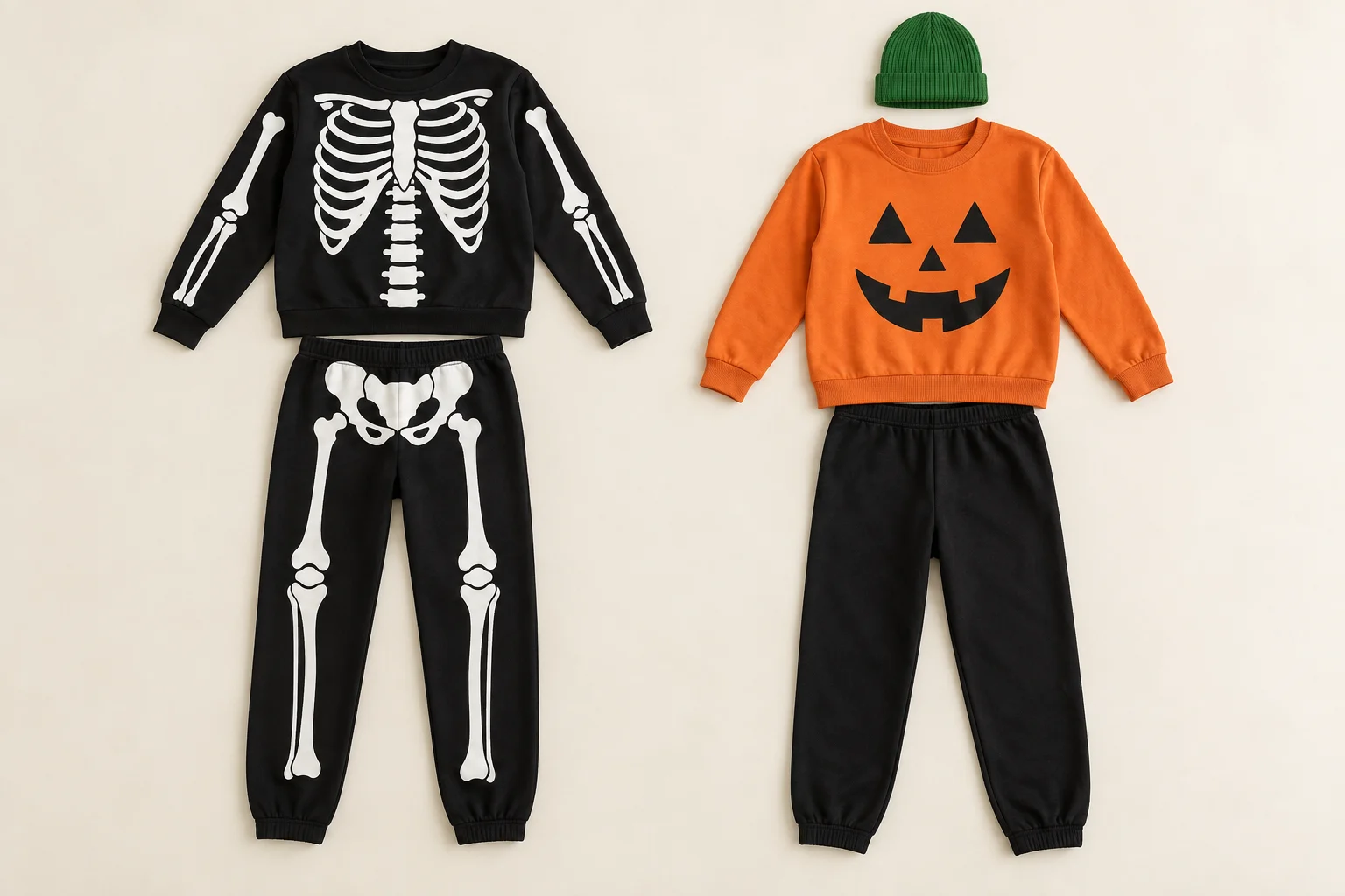 À gauche, haut et pantalon imprimés d’os ; à droite, sweat citrouille, pantalon noir et bonnet vert.